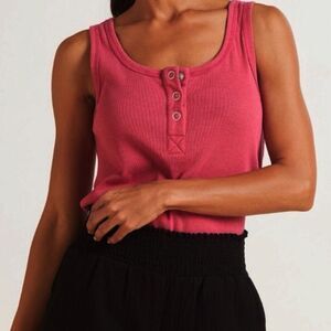 Chaser Women's Sleeveless Henley Ribbed Tank Top Pink Size S Casual